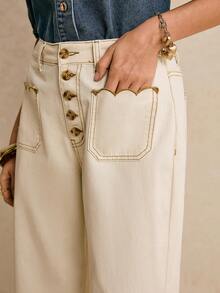 Poéselle 女士休闲通勤斜纹直筒牛仔裤 - 白色 - 查看 5