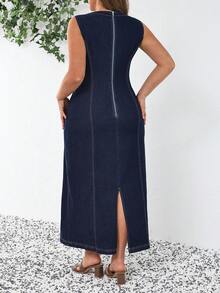 SHEIN Tall CURVE 春夏女士加大码无袖优雅牛仔度假休闲夏季长裙 - 深色水洗藍 - 查看 2