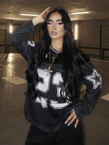 AfricaSnchz 青少年女孩时尚街头服饰拼色印花宽松长袖运动衫 - 黑色 - 查看 6