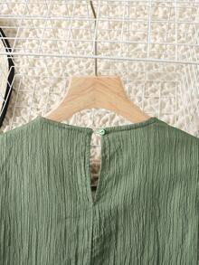 SHEIN 少女度假休闲时尚圆领泡泡袖中长连衣裙，适合海滩度假、午餐、音乐节等场合 - 綠色 - 查看 6