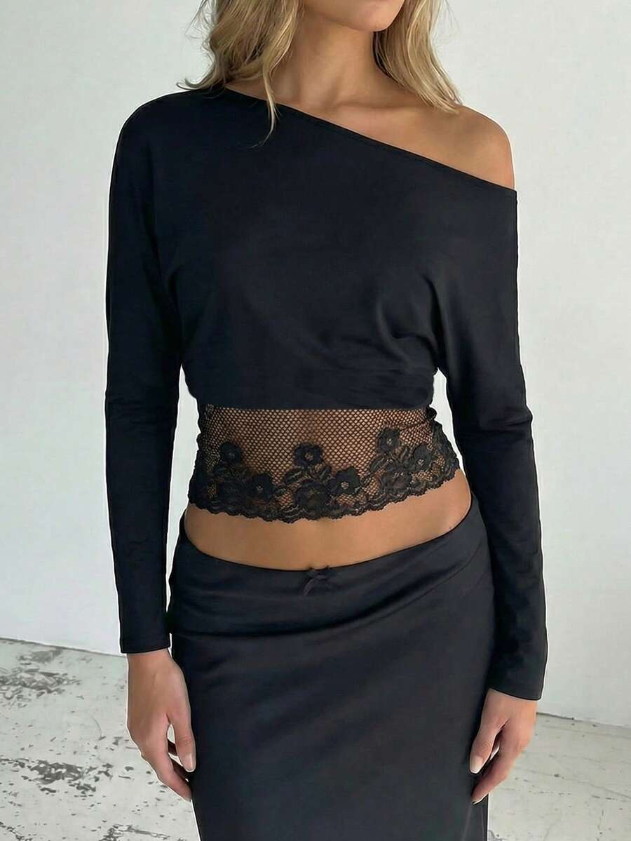 Firerie Damen elegantes, minimalistisches, täglich raffiniertes, romantisches, vielseitiges Modell, Spitzen-Splice Langarm Schwarz T-Shirt Top - Schwarz - Übersicht 1