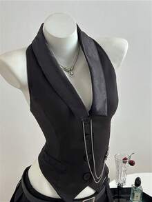 Elamini 女士黑色无袖西装外套，商务休闲办公装，时尚百搭，春夏款