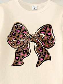 Spring & Summer Baby Girls Casual Fashion Creative Personalized Fresh Minimalist Cute Heart, Leopard Print, Bow Decor Pattern Printed Short T-Shirt And Leggings 2-Piece Outfit, Comfortable Daily Wear, Cozy For Spring, Summer & Fall - Multicolor - View 3