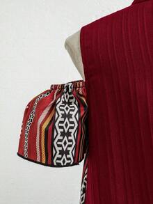 Đầm trễ vai họa tiết hình học chắp vá phong cách vintage thường ngày cho bé gái tuổi teen - Màu Đỏ Sâu - Xem 6