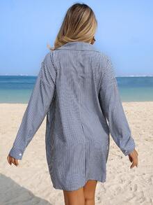 Swim Lushoire 女士性感深V领条纹休闲沙滩罩衫连衣裙，春夏款 - 寶藍色 - 查看 2