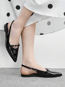 CUCCOO BIZCHIC 女士黑色漆皮尖头无后跟绑带舒适简约水钻装饰通勤鞋 - 黑色 - 查看 4