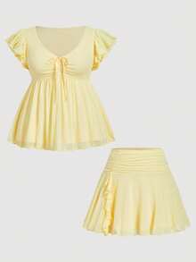 SHEIN MOD Bộ đồ 2 món thời trang màu vàng dành cho nữ cỡ lớn: Áo tay ngắn buộc dây phía trước và chân váy ngắn. - Màu vàng - Xem 5
