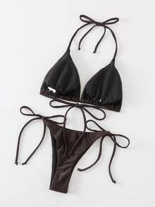 Swim Basics Solid Color Sexy Tie-Up Bikini Swimwear Set For Women, Beach Wear For Summer Beach Vacation - Coffee Brown - View 4