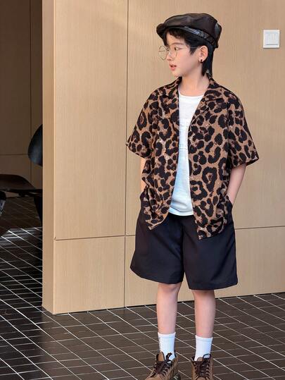 Tween Boys' Casual Everyday Comfortable Leopard Print Lapel Open Front Short Sleeve Loose Woven Shirt