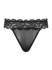 Snug Zone 女士性感蕾丝网眼装饰丁字裤 - 黑色 - 查看 3
