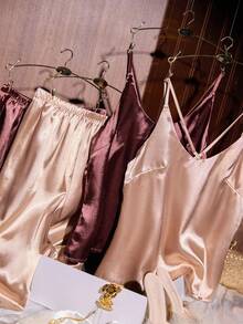 SHEIN 2pcs Set: Criss-Cross Back Spaghetti Strap Faux Silk Camisole Top And Long Pants Pajama Set - Multicolor - View 7