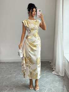Elenzga Vestido de mujer elegante con volantes en la cintura y el bajo, estampado floral aleatorio, para verano - Albaricoque - Ver 4