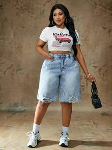 Truni 大码休闲修身蓝色牛仔百慕大短裤，适合夏季海滩度假、日常约会、夜店、派对、聚会、泳池派对、返校季、假日、乡村音乐节、演唱会等场合，适合梨形和三角形身材 - 藍色 - 查看 7