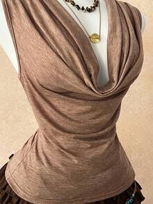 Elamini Sexy Ruched Sleeveless Crop Top For Women - Camel - View 4