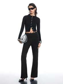 Airlisse Lace Trim Black Slim Fit High Waist Casual Flare Pants For Women, Spring/Autumn - Black - View 7