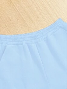 SHEIN 青少年女孩宽松复古短款圆领运动衫和运动裤纯色运动两件套 - 淺藍色 - 查看 4