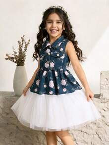 Elladie kids 女童牛仔碎花无袖连衣裙，甜美元素，牛仔布上身饰以清新白色碎花，翻领设计，仿口袋，纽扣闭合，多层薄纱裙摆，休闲可爱风格，轻盈透气，适合春夏日常穿着和派对场合。 - 藍色 - 查看 3