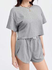 Loungeista 2 件女式新款微透明柔软舒适休闲运动沙滩套头衫圆领短袖侧开衩阔腿短裤套装，适合家居服 - 灰白色 - 查看 5