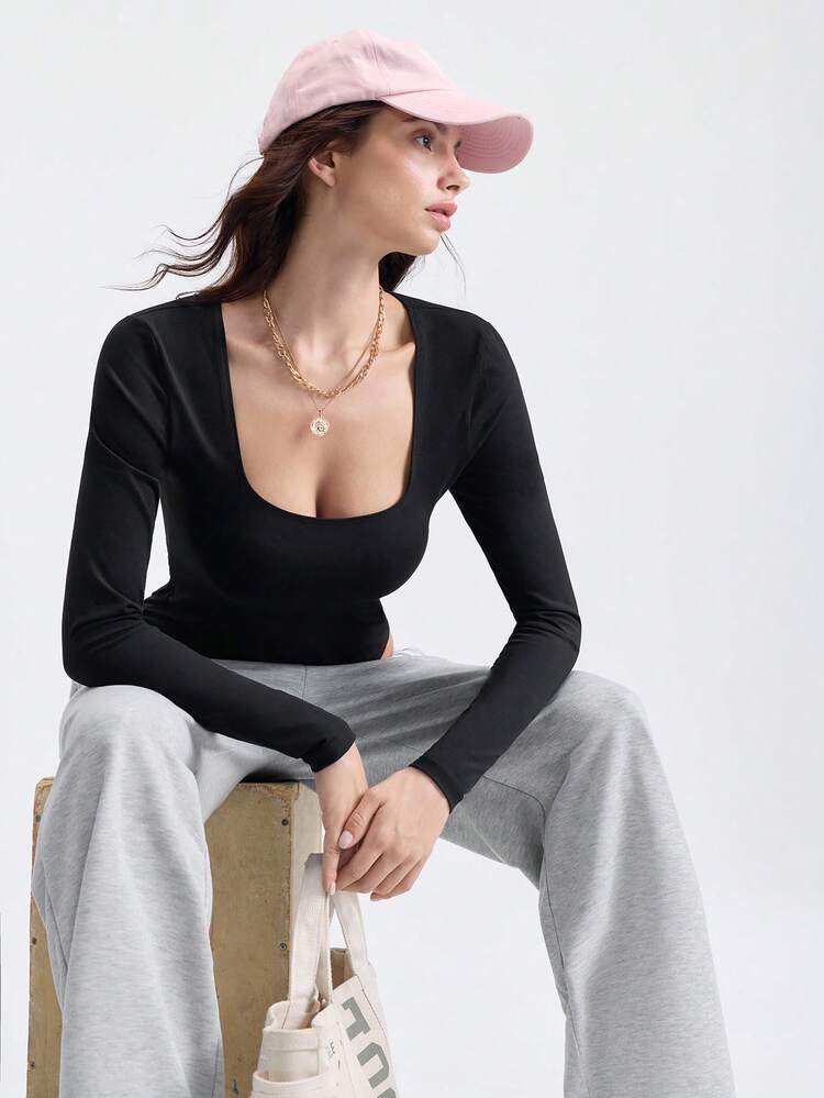 Loungeista A Sexy Long Sleeve Square Neck Jumpsuit, With A Deep Square Neck Design, A Basic Tight-Fitting Piece, Essential For Going Out, Excellent Shaping Effect. This Tight-Fitting Deep Square Neck Long Sleeve Jumpsuit Is Suitable For Sports, Homewear, And Daily Activities.For Summer - Black - View 6