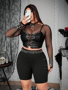 Whyspr 破洞网眼拼接七分弹力紧身裤 - 黑色 - 查看 7