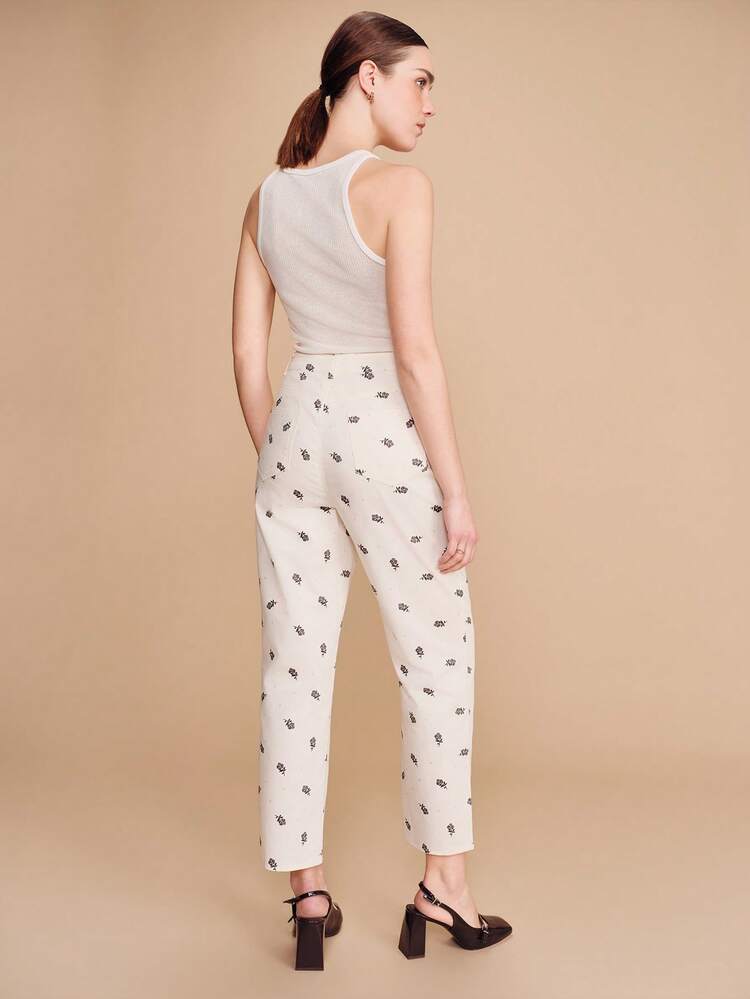 Cream High Waisted Straight Leg Cotton Trouser With Mini Black Floral Print Pattern Vintage Style French Style Parisian Style Cotton Pants
