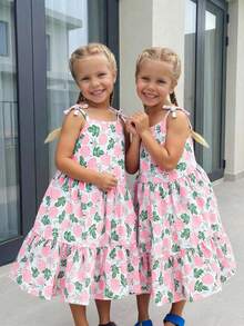 Elladie kids Robe mi-longue à bretelles fines avec imprimé floral élégant et confortable, décoration papillon, pour jeune fille - Rose bonbon - Voir 7