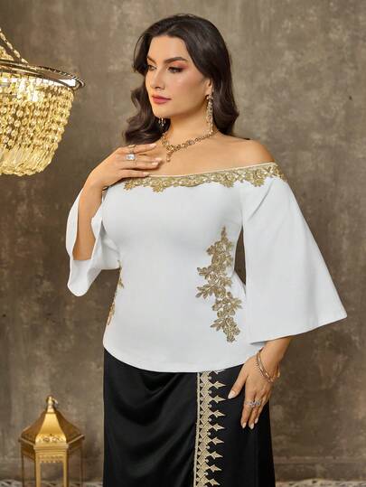 EMERY ROSE 大码女式收腰喇叭袖优雅露肩上衣，斋月服装