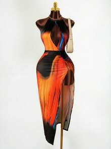 Mistrie 性感露背高开衩系带裹身连衣裙