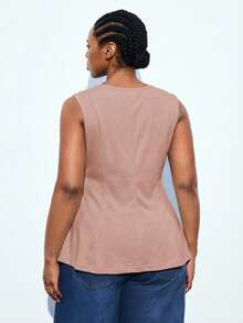 Maija 大码女式夏季休闲日常通勤纯色腰部无袖上衣，百搭都市通勤商务休闲女式夏季荷叶边上衣，春夏情人节狂欢节时尚女式服装派对海滩婚礼度假休闲荷叶边上衣 - 粉色 - 查看 3