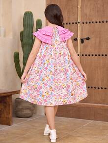 Tween Girl Loose Elegant Floral Pattern Ruffle Collar Sleeveless Dress - Multicolor - View 3