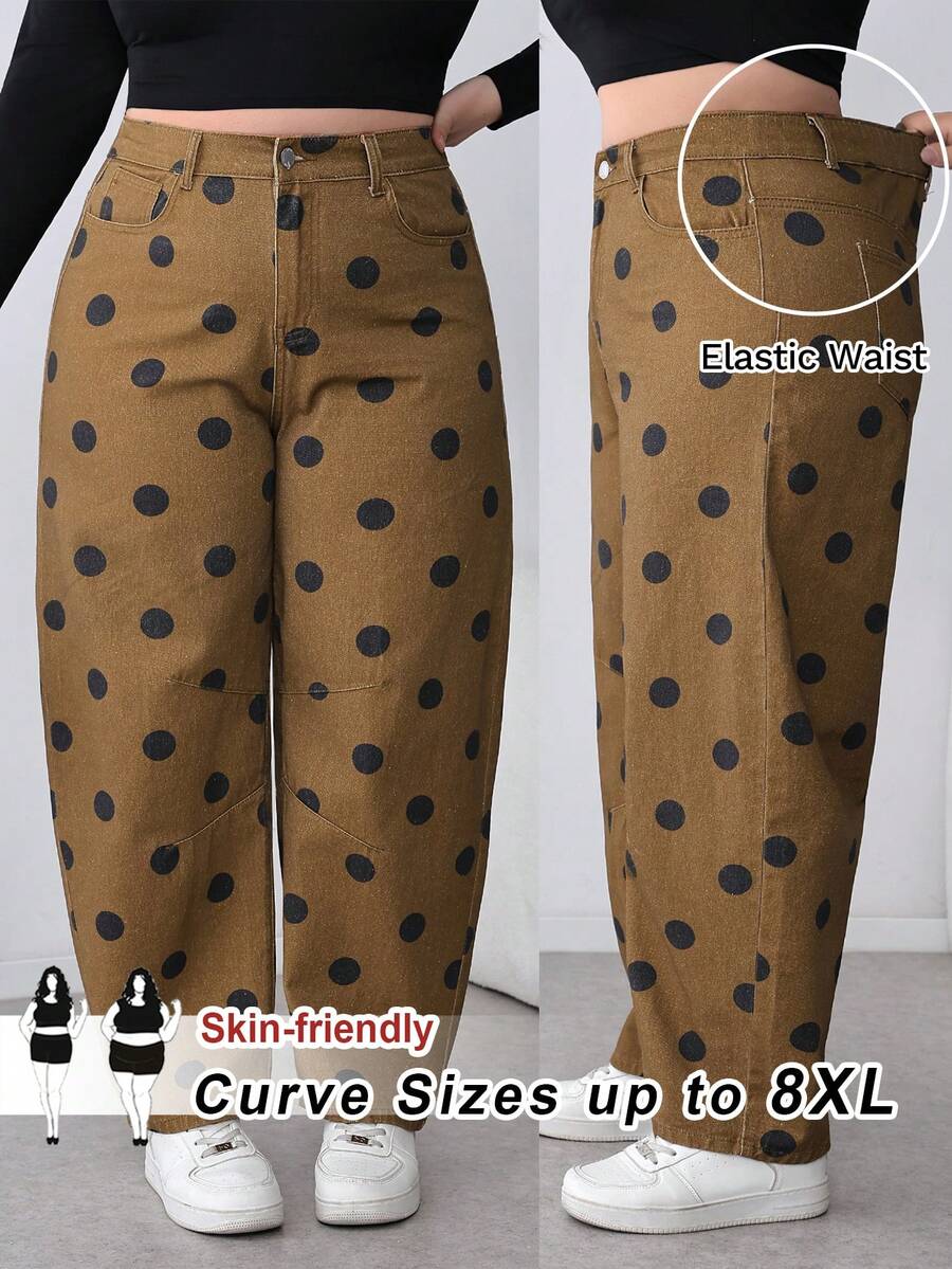 SHEIN PETITE CURVE 春夏款 PETITE CURVE 女士波点印花口袋休闲宽松牛仔裤 休闲棕色波点喇叭裤 - 棕色 - 查看 1