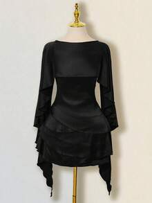 SHEIN ICON 女士缎面露背荷叶边修身迷你连衣裙，配腰带 - 黑色 - 查看 2
