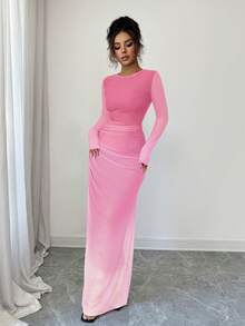 Rafferiza Women's Sheer Mesh Long Sleeve Ombre Ruched Bodycon Dress, Casual Daily Beachwear, Lounge, Office, Dress - Baby Pink - View 4