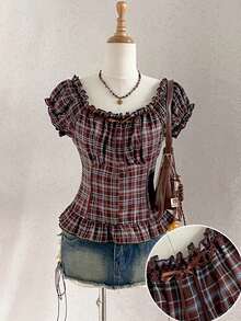 Attitoon Off-Shoulder Ruffle Trim Plaid Blouse, Cute Women Top, Brown - Brown - View 7
