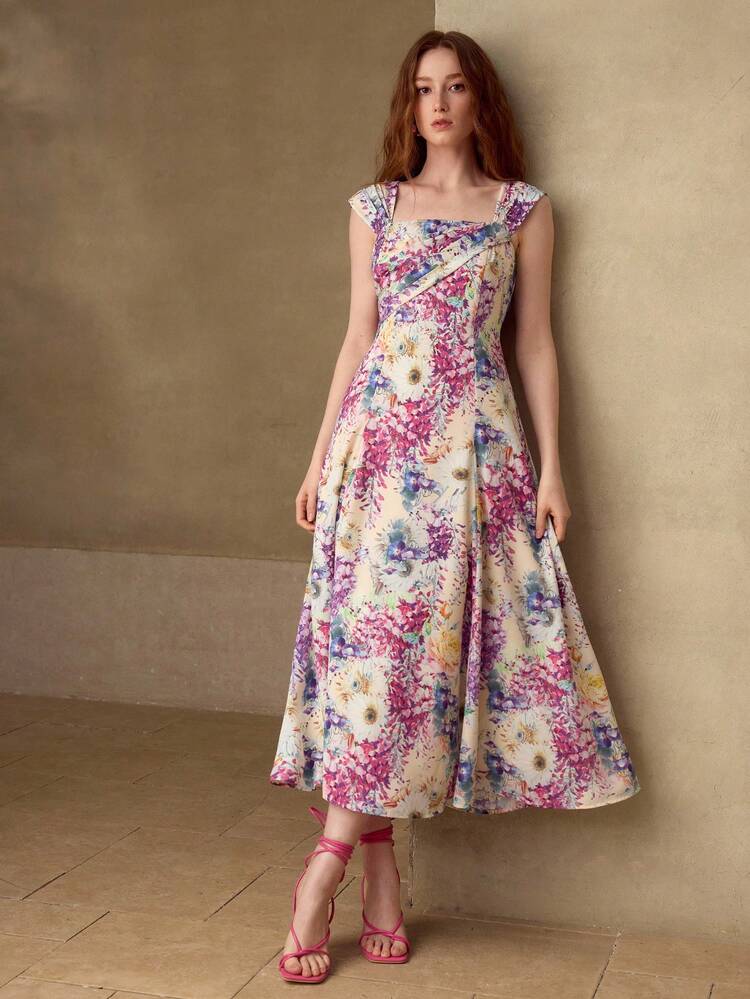 WOMEN'S ELEGANT FLORAL PRINT OFF-SHOULDER WAIST CINCHED FLARED HEM DRESS, VACATION STYLE