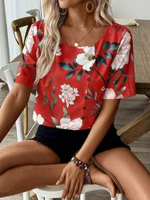 EMERY ROSE Cămașă (Cămașă cu nasturi decorativi și imprimeu botanic H-Silhouette) Croială asimetrică imprimată Topuri roșii pentru femei Bluze de vară pentru femei Topuri cu mânecă scurtă Bluză roșie cu imprimeu floral Bluze cu flori pentru femei Mărime plus Topuri roșii Topuri hawaiene pentru femei Bluză roșie cu imprimeu floral pentru femei Bluză roșie pentru femei Plus Bluză roșie cu flori pentru femei - roșu - Vizualizare 7