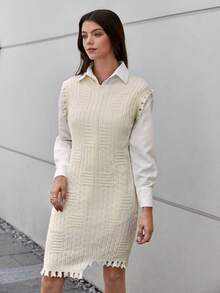 SHEIN Clasi 1入組毛邊緣不對稱下擺毛衣洋裝 - 白色 - 查看 5