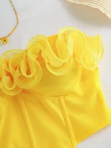 SHEIN Tall CURVE Áo quây mùa hè thanh lịch dành cho nữ cỡ lớn, có bèo nhún, thích hợp đi chơi hoặc dự tiệc ngày Valentine. - Màu vàng - Xem 3