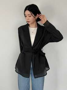 FRIFUL Women's Chiffon & Mesh Patchwork Cinched Waist Blazer - Black - View 5