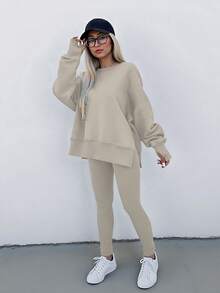 Plus Size Casual Loose Solid Color Long Sleeve Top And Skinny Pants 2 Pieces Set F1 Cargo - Apricot - View 3