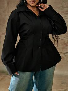 Truni 大码纯色前扣收腰长袖衬衫，秋季休闲风格 - 黑色 - 查看 5