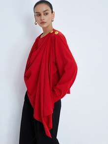 Aveloria Modichic Vintage Vibrant Red One-Piece Swing Collar Blouse, Golden Button Decor For Refined Look, Long Sleeve Design Suitable For Autumn Date - Red - View 3