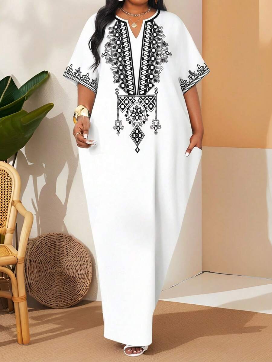 SHEIN Lady 大码女式几何印花V领蝙蝠袖宽松休闲连衣裙 - 彩色 - 查看 1