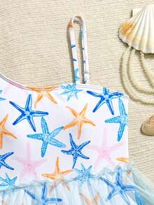 1pc Tween Girls Starfish Print One-Piece Swimsuit - Multicolor - View 4