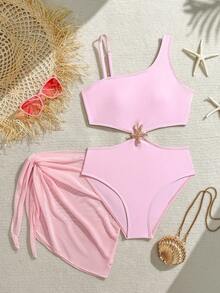 Pink Casual Tween Girls Solid One-Piece Swimsuit Pink Starfish Cut-Out Camisole One-Piece Swimsuit + Matching Sarong Two-Piece Set, Sweet Vacation Style Girls' Swimwear Pink Tween Swimsuit Teen Girl Resort Wear Teen Girl Swim Dress Two Piece Bathing Suit Light Pink Girl Solid Color Bathing Suits Pink Bathing Suit Starfish Bathing Suit Swimsuits Pink - Baby Pink - View 1