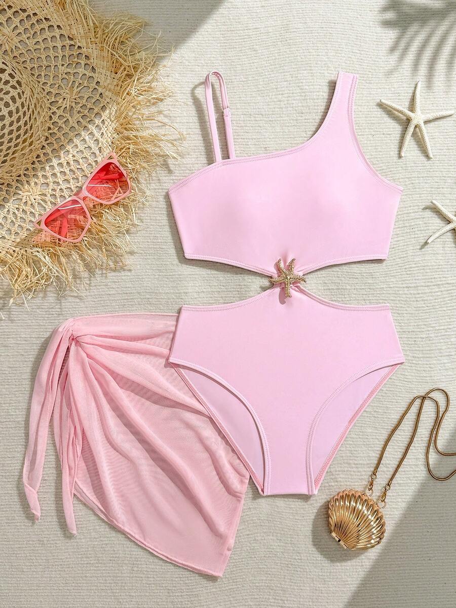 Pink Casual Tween Girls Solid One-Piece Swimsuit Pink Starfish Cut-Out Camisole One-Piece Swimsuit + Matching Sarong Two-Piece Set, Sweet Vacation Style Girls' Swimwear Pink Tween Swimsuit Teen Girl Resort Wear Teen Girl Swim Dress Two Piece Bathing Suit Light Pink Girl Solid Color Bathing Suits Pink Bathing Suit Starfish Bathing Suit Swimsuits Pink - Baby Pink - View 1