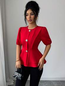 Selianne Women's Elegant Red Summer Party Blouse, Ruffled Collar A-Line Decorated Lantern Sleeve Short Top,Casual Commuting,Vacation,Valentine's Day - Red - View 5
