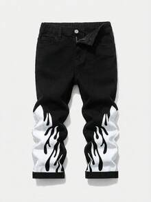 SHEIN 年轻男孩时尚 Y2K 水洗火焰图案高弹修身蓝色牛仔喇叭裤，适合春夏和街头服饰 - 黑色 - 查看 1