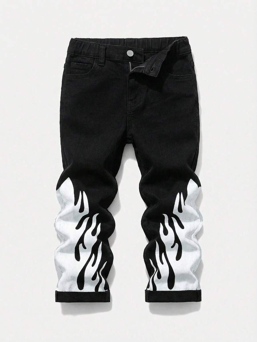 SHEIN 年轻男孩时尚 Y2K 水洗火焰图案高弹修身蓝色牛仔喇叭裤，适合春夏和街头服饰 - 黑色 - 查看 1