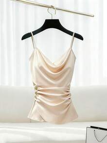 Lyxana Women's Solid Color Ruched Scoop Neck Elegant Camisole - Apricot - View 3